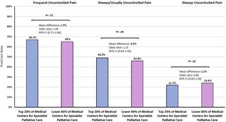 Mean difference in the predicted rates of family reported pain outcomes among top 20% vs bottom 80% of VA medical centers for SPC reach. Note. CI, confidence interval; The model is adjusted for patient demographic and clinical characteristics, facility complexity, rurality, availability of a hospice and palliative care unit, and census region.